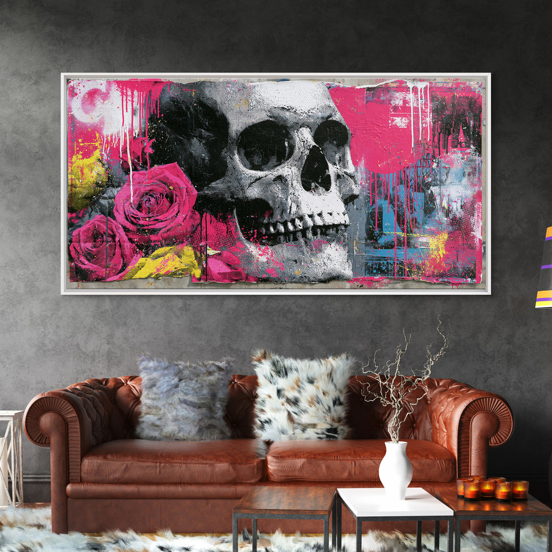 Skull with Roses in Street Mural Style Framed Canvas Print, Street Art, Art Print, Living Room Decor, Fine Art, Urban, STR-2x1-12
