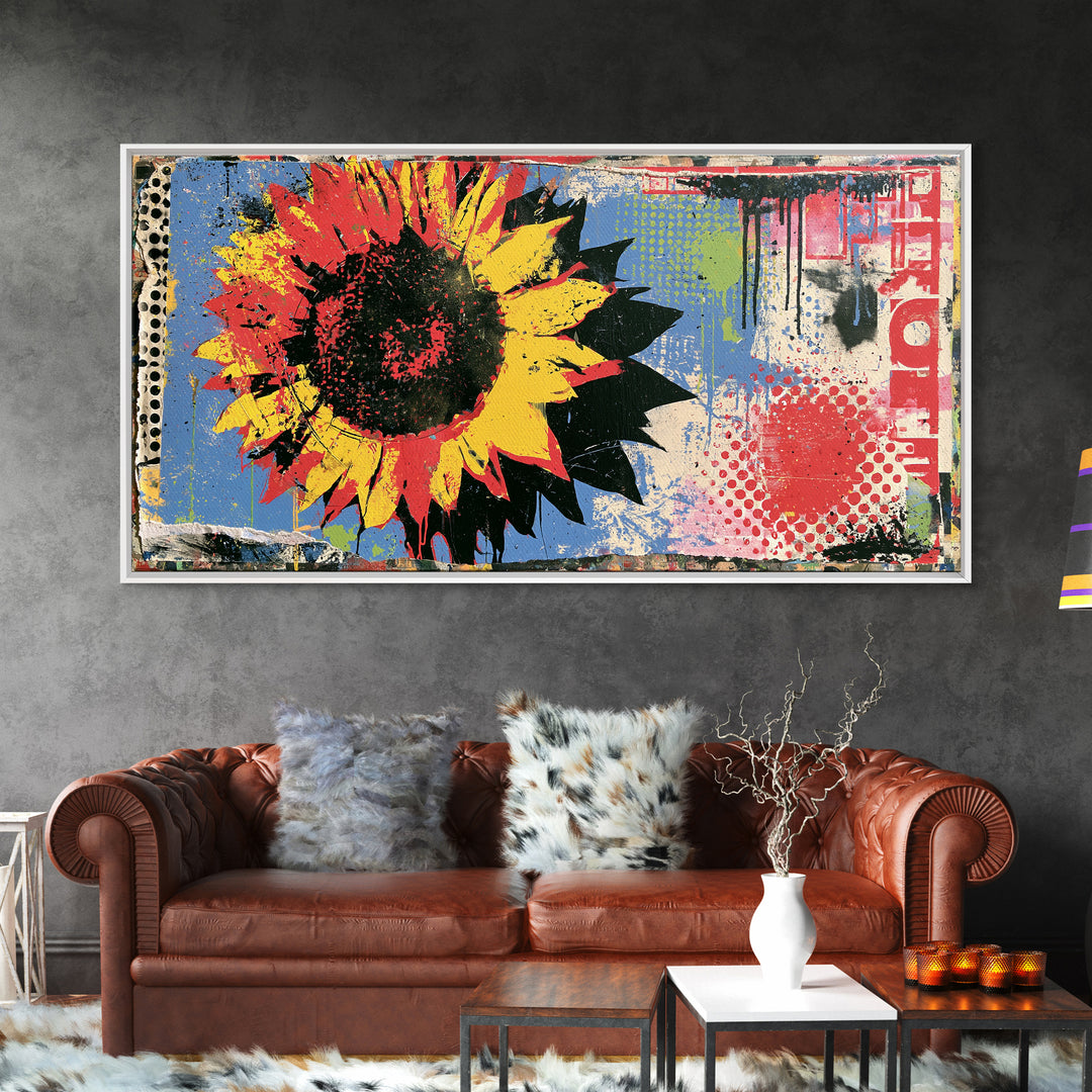 Street Mural Sunflower Framed Canvas Print, Street Art, Statement Artwork, Living Room Decor, Fine Art, Urban, Wall Decor, STR-2x1-20