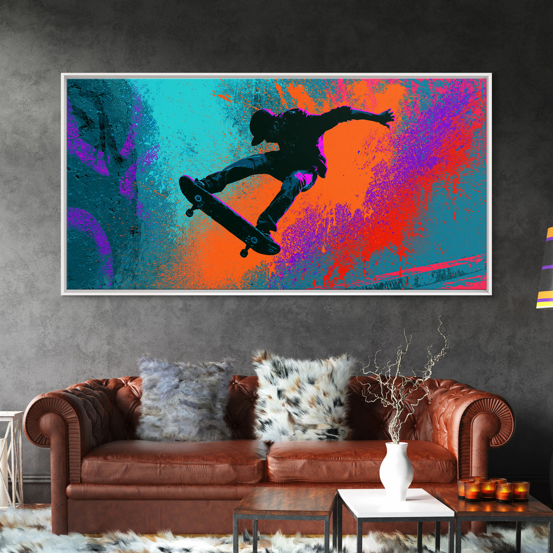 Skateboarder Silhouette over Neon Splashes Framed Canvas Print, Street Art, Living Room Decor, Watercolor Art, Urban, STR-2x1-23