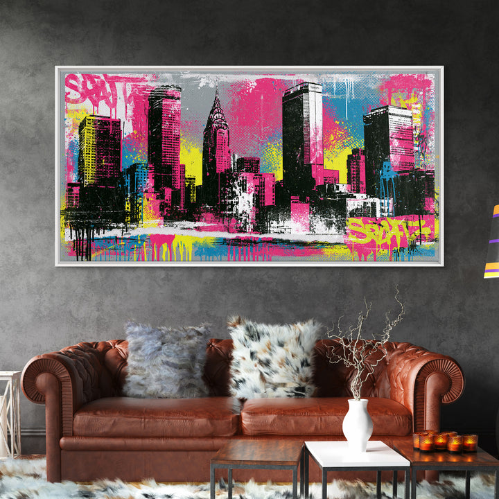 Urban Skyline Made from Stencil Layers Framed Canvas Print, Street Art, Minimalist Decor, Living Room Decor, Abstract Art, STR-2x1-34