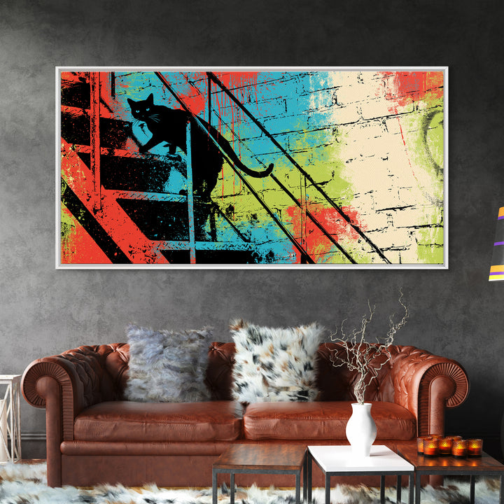 Black Cat on Fire Escape Silhouette Canvas Print, Street Art, Wall Hangings, Living Room Decor, Oil Painting, Urban, Modern Art, STR-2x1-39
