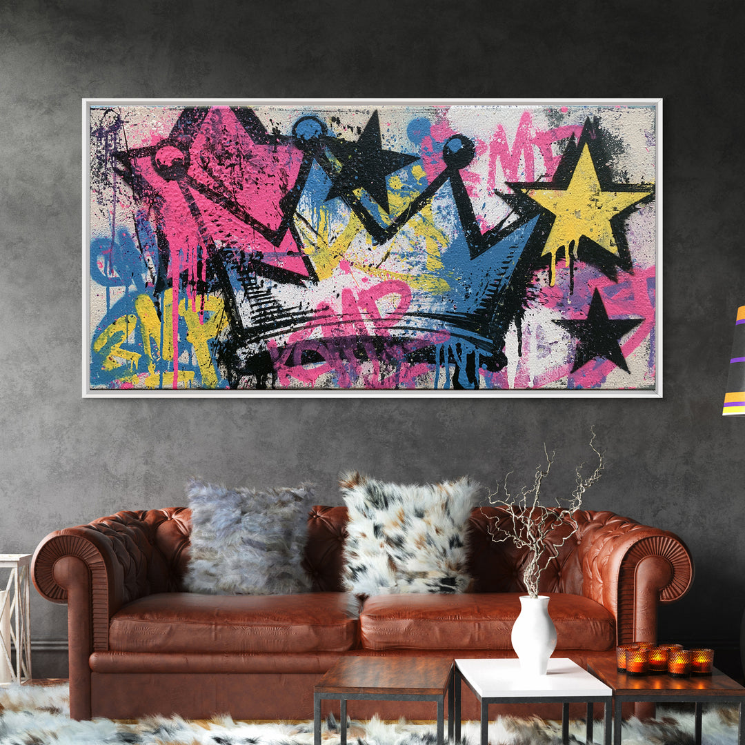 Drippy Crown and Stars Composition Framed Canvas Print, Street Art, Poster, Living Room Decor, Fine Art, Urban, Poster Prints, STR-2x1-40