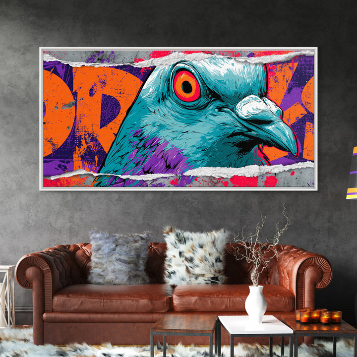 City Pigeon with Attitude and Comic Charm Framed Canvas Print, Street Art, Watercolor Painting, Living Room Decor, STR-2x1-51