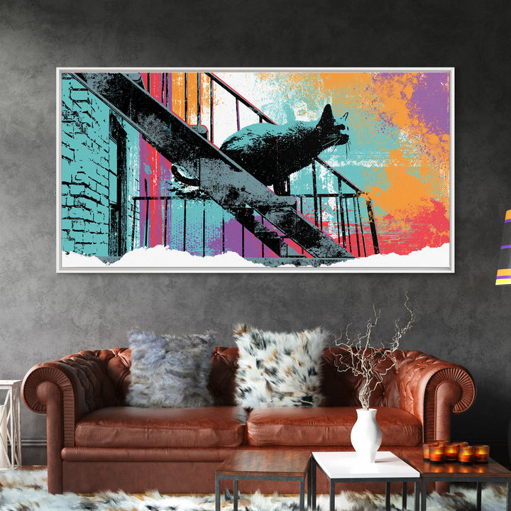 Black Cat on Fire Escape Silhouette Canvas Print, Street Art, Abstract Painting, Living Room Decor, Urban, Gallery Decor, STR-2x1-63