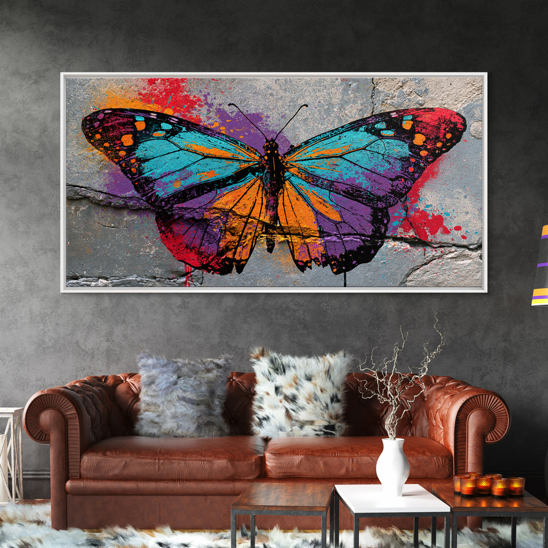 Spray Painted Butterfly on Cracked Concrete Framed Canvas Print, Street Art, Artwork, Living Room Decor, Fine Art, Urban, STR-2x1-91