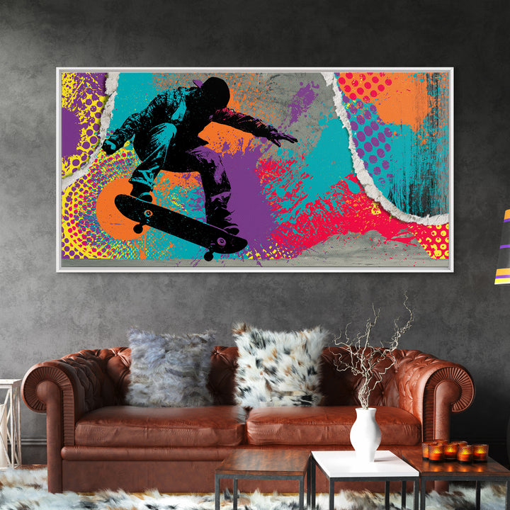 Skateboarder Silhouette over Neon Splashes Framed Canvas Print, Street Art, Neutral Decor, Living Room Decor, Fine Art, Urban, STR-2x1-95