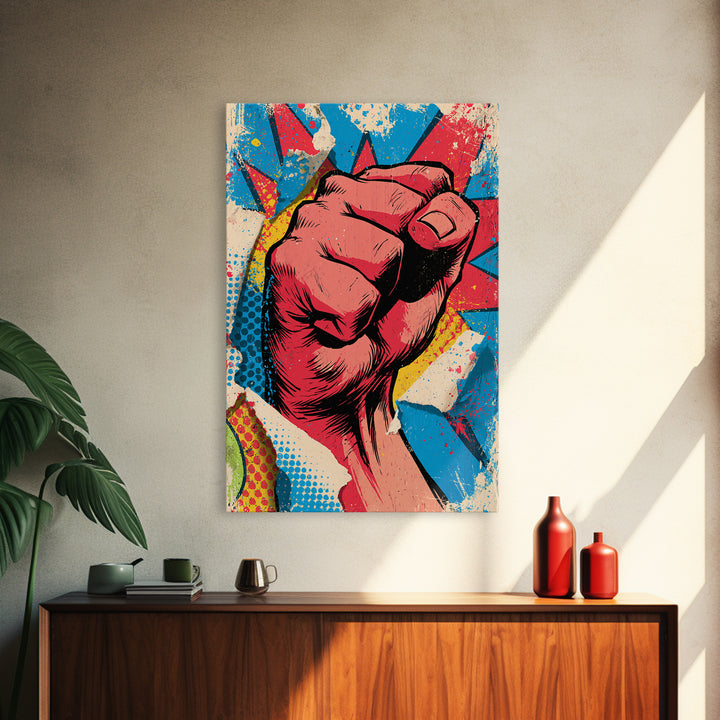 Comic Fist Breaking Through Color Framed Canvas Print, Street Art, Wall Hangings, Living Room Decor, Oil Painting, Urban, STR-2x3-21