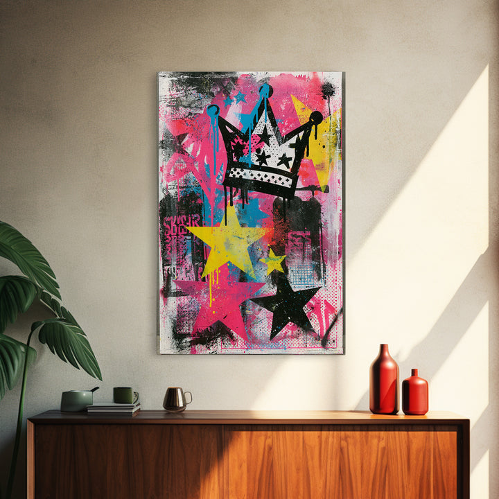 Drippy Crown and Stars Composition Framed Canvas Print, Street Art, Canvas Painting, Living Room Decor, Fine Art, Urban, STR-2x3-28