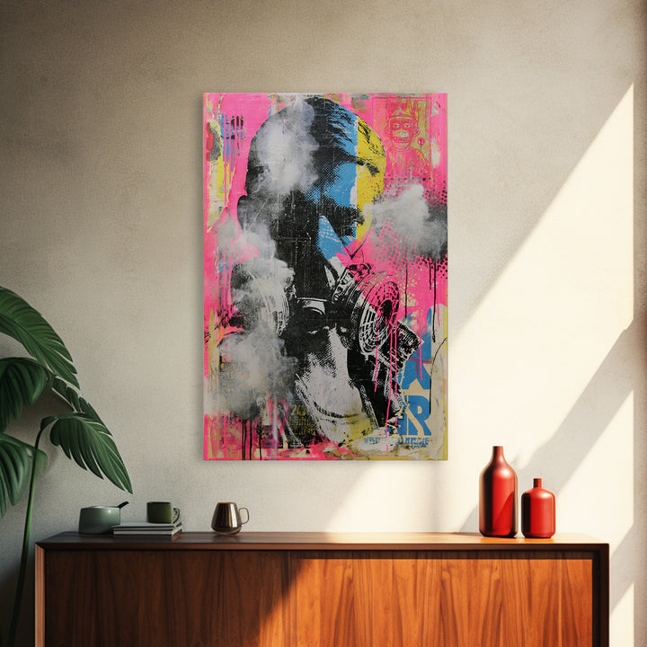 Masked Figure Surrounded by Aerosol Clouds Framed Canvas Print, Street Art, Luxury Decor, Living Room Decor, Fine Art, Urban, STR-2x3-44