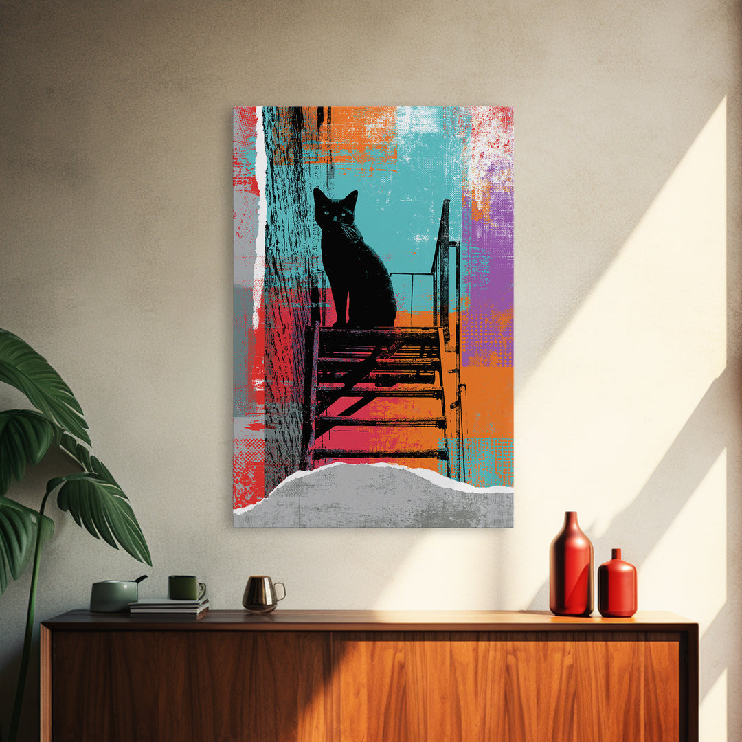 Black Cat on Fire Escape Silhouette Framed Canvas Print, Street Art, Wall Hangings, Living Room Decor, Oil Painting, Urban, STR-2x3-51
