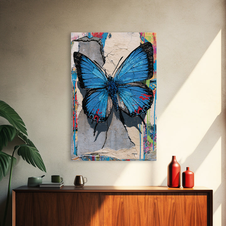 Spray Painted Butterfly on Cracked Concrete Framed Canvas Print, Street Art, Canvas, Living Room Decor, Fine Art, Urban, STR-2x3-55