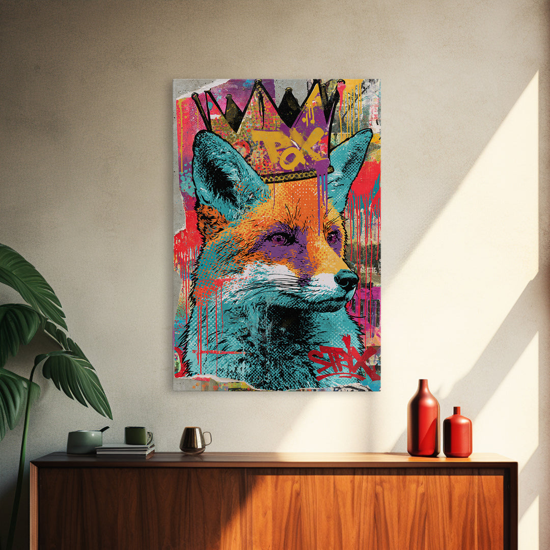 Urban Fox Wearing a Crown of Spray Canvas Print, Street Art, Artwork, Living Room Decor, Urban, Pop Art, Banksy Wall Art, STR-2x3-58