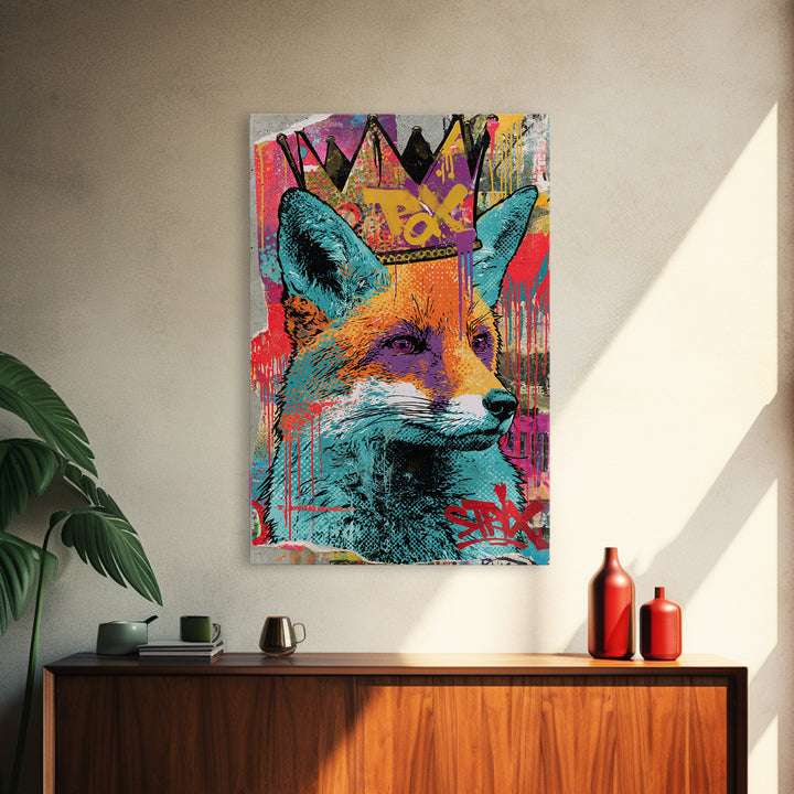Urban Fox Wearing a Crown of Spray Canvas Print, Street Art, Artwork, Living Room Decor, Urban, Pop Art, Banksy Wall Art, STR-2x3-58
