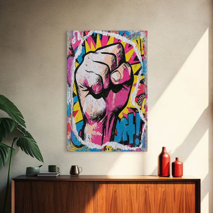 Comic Fist Breaking Through Color Framed Canvas Print, Street Art, Abstract Painting, Living Room Decor, Fine Art, Urban, STR-2x3-69
