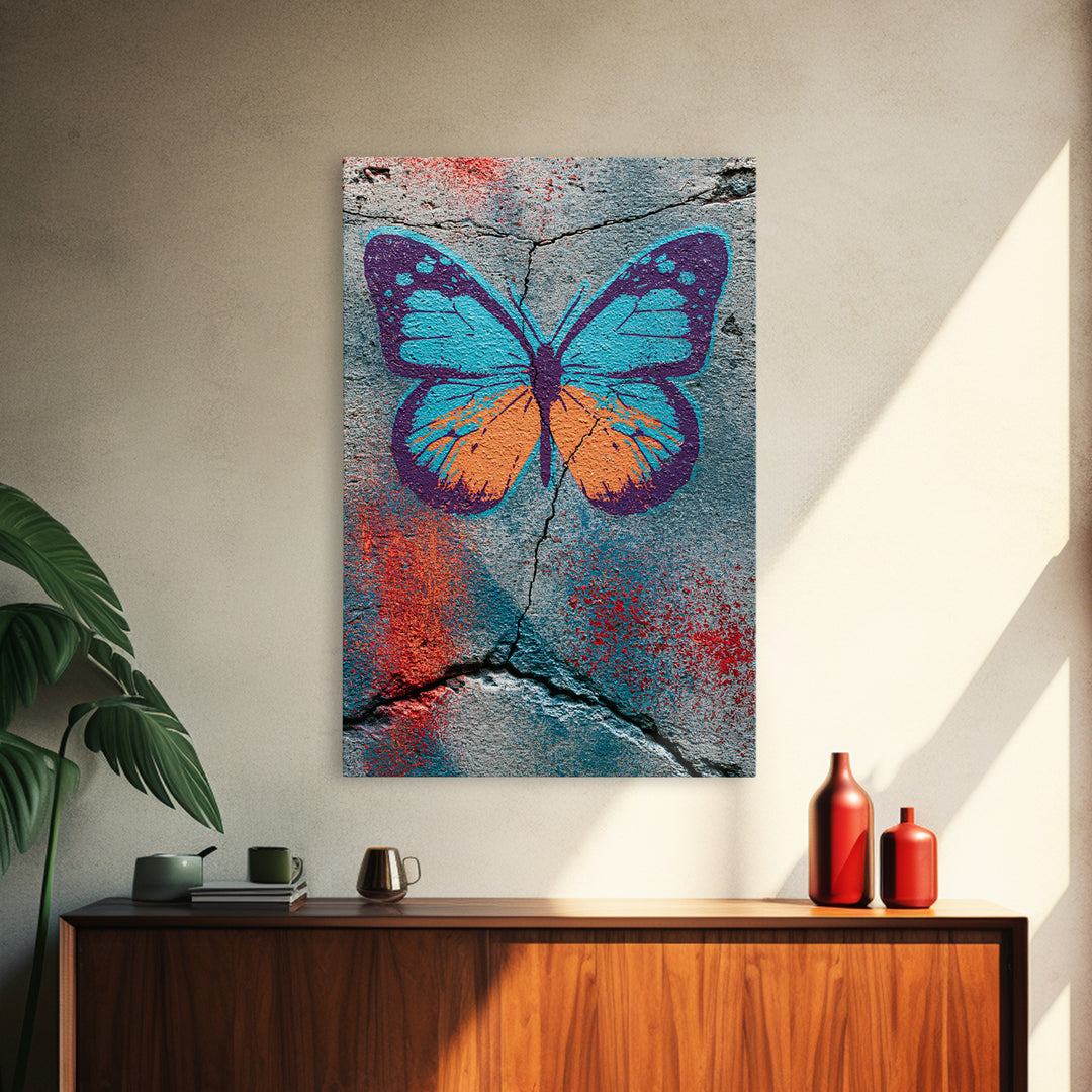 Spray Painted Butterfly on Cracked Concrete Canvas Print, Street Art, Abstract Art, Living Room Decor, Fine Art, Urban, STR-2x3-79
