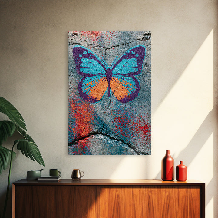 Spray Painted Butterfly on Cracked Concrete Canvas Print, Street Art, Abstract Art, Living Room Decor, Fine Art, Urban, STR-2x3-79