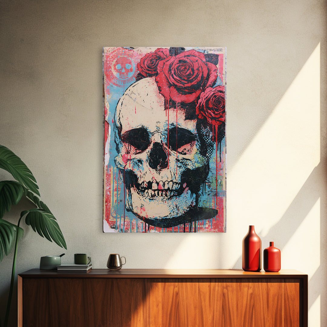 Skull with Roses in Street Mural Style Canvas Print, Street Art, Abstract Painting, Living Room Decor, Fine Art, Urban, STR-2x3-96