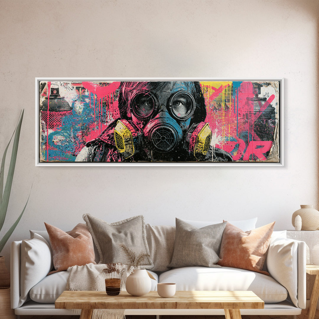 Masked Figure Surrounded by Aerosol Clouds Canvas Print, Street Art, Textured Painting, Living Room Decor, Fine Art, Urban, STR-3x1-100