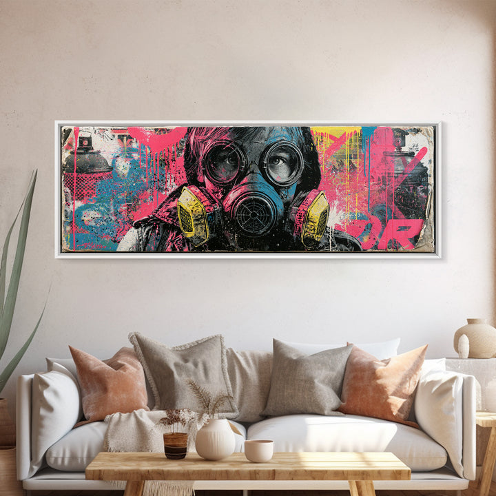 Masked Figure Surrounded by Aerosol Clouds Canvas Print, Street Art, Textured Painting, Living Room Decor, Fine Art, Urban, STR-3x1-100