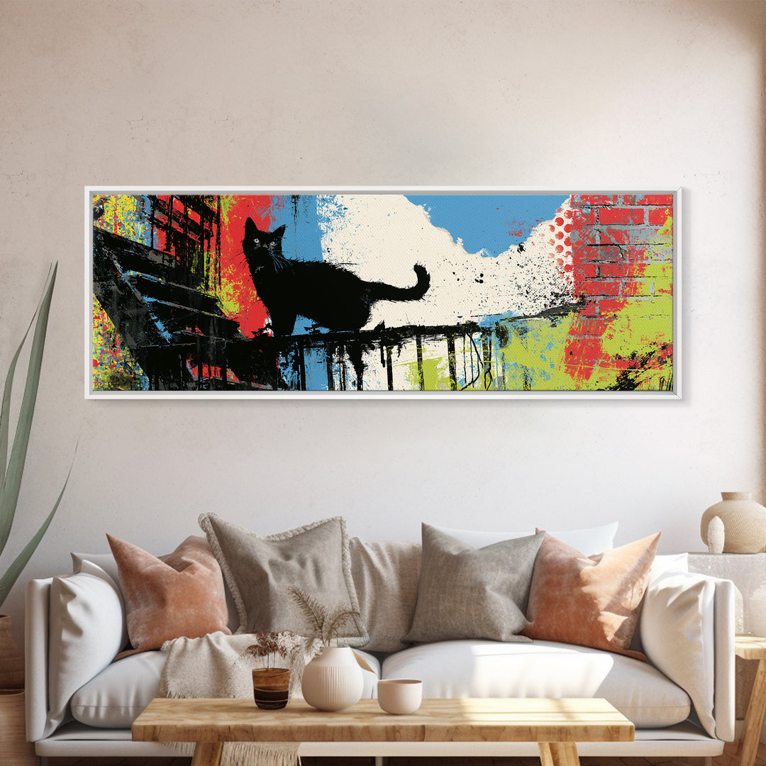 Black Cat on Fire Escape Silhouette Canvas Print, Street Art, Graffiti Art, Living Room Decor, Watercolor Art, Urban, STR-3x1-11