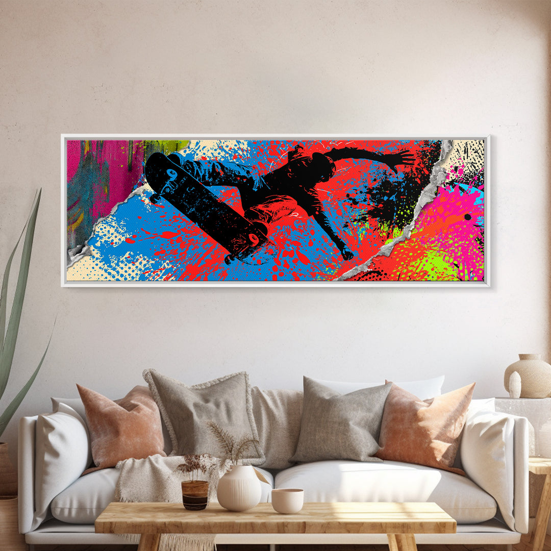 Skateboarder Silhouette over Neon Splashes Canvas Print, Street Art, Custom Portrait, Living Room Decor, Fine Art, Urban, STR-3x1-43