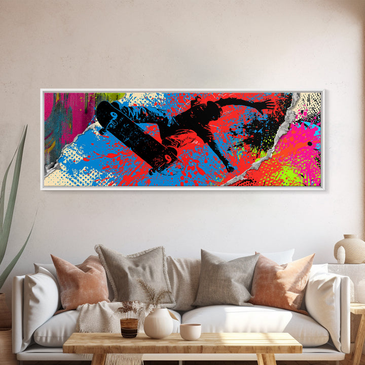 Skateboarder Silhouette over Neon Splashes Canvas Print, Street Art, Custom Portrait, Living Room Decor, Fine Art, Urban, STR-3x1-43