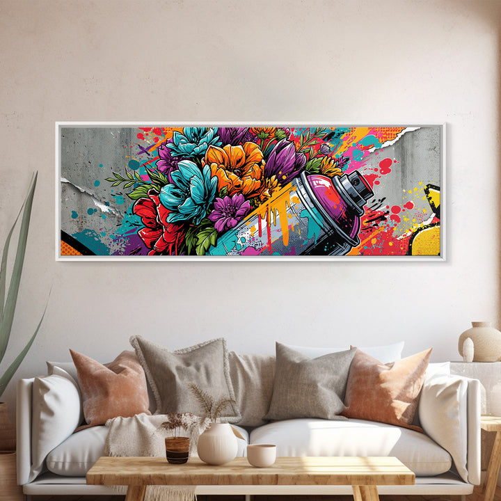 Spray Can Bouquet Framed Canvas Print, Street Art, Statement Artwork, Living Room Decor, Fine Art, Urban, Wall Decor, STR-3x1-7