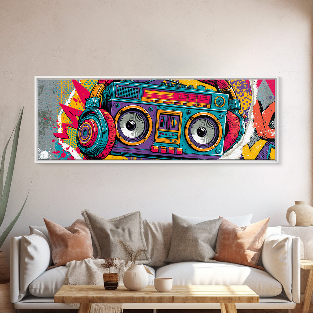 Boombox and Headphones Framed Canvas Print, Street Art, Neutral Decor, Living Room Decor, Fine Art, Urban, Home Decor, STR-3x1-73