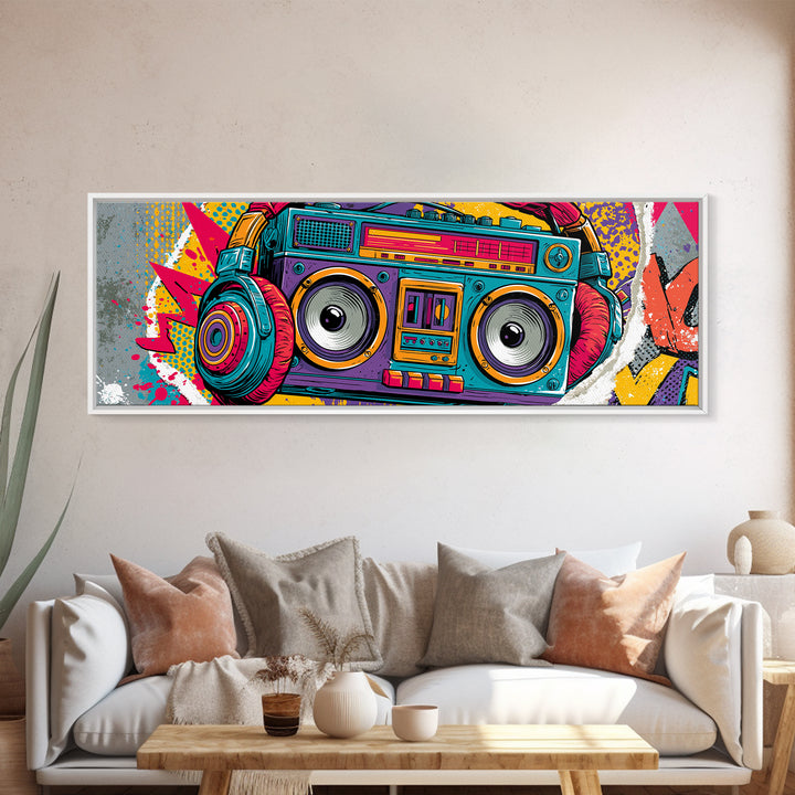 Boombox and Headphones Framed Canvas Print, Street Art, Neutral Decor, Living Room Decor, Fine Art, Urban, Home Decor, STR-3x1-73