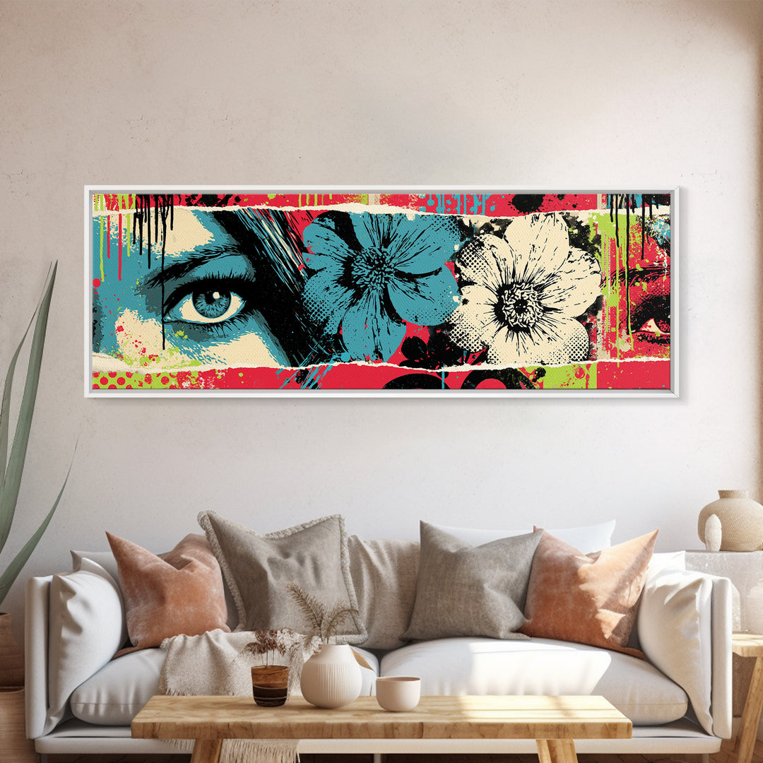 Paste Up Collage of Flowers and Eyes Framed Canvas Print, Street Art, Bar Art, Living Room Decor, Urban, Fine Art Print, STR-3x1-74