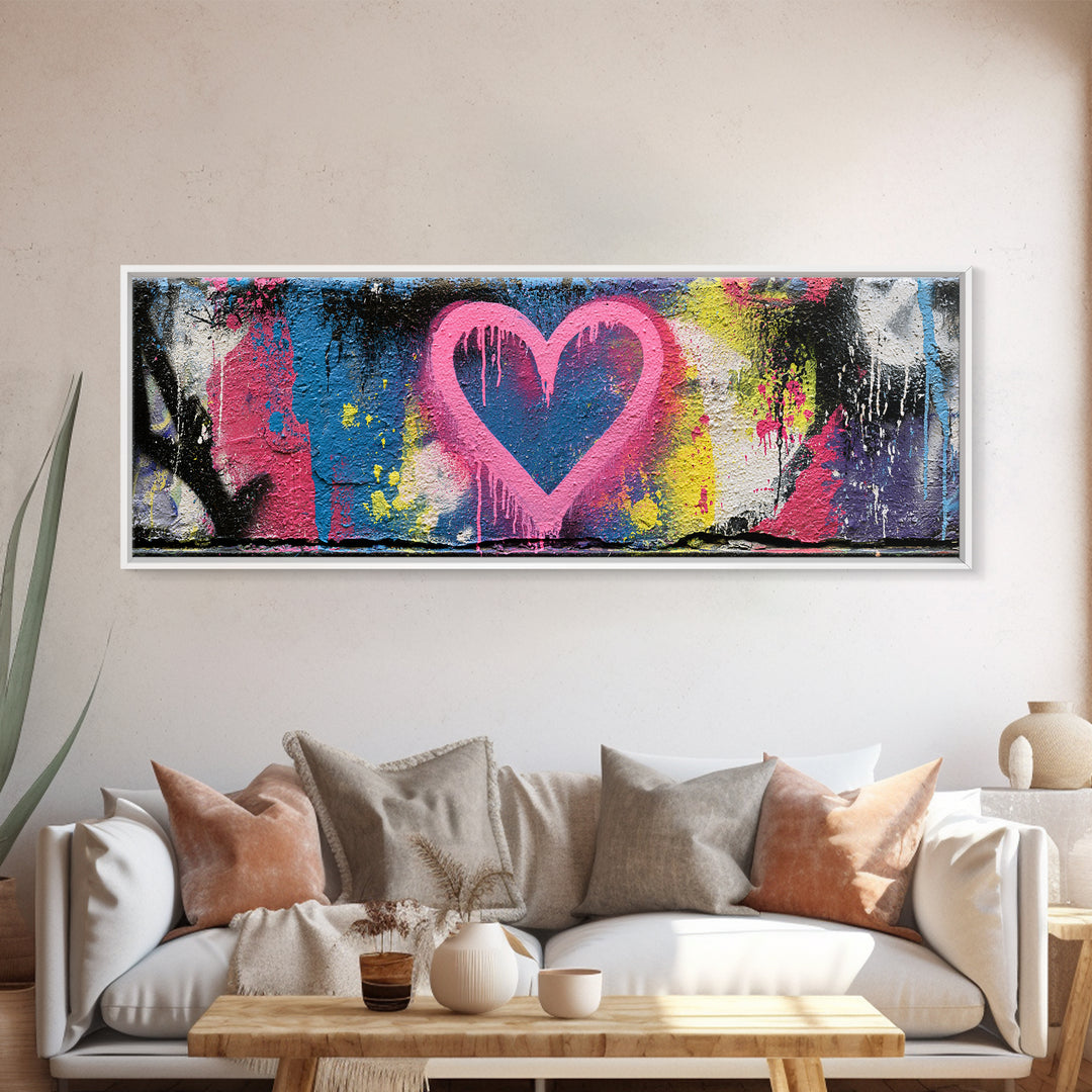 Neon Heart with Rough Drips Canvas Print, Street Art, Abstract Art, Living Room Decor, Urban, Anime Art, Original Artwork, STR-3x1-75