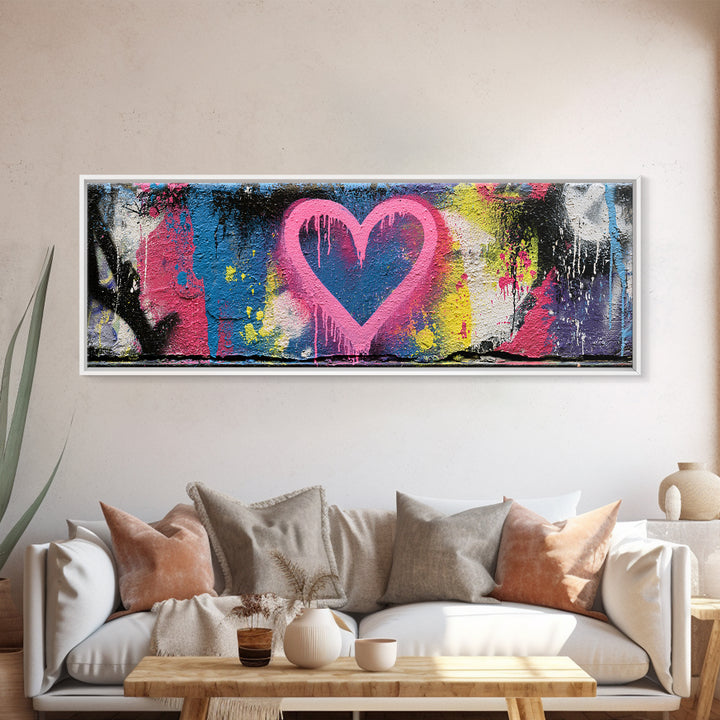 Neon Heart with Rough Drips Canvas Print, Street Art, Abstract Art, Living Room Decor, Urban, Anime Art, Original Artwork, STR-3x1-75