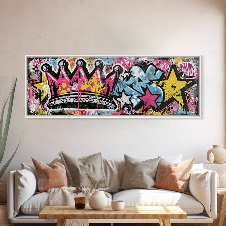 Drippy Crown and Stars Composition Framed Canvas Print, Street Art, Painting, Living Room Decor, Urban, Abstract Painting, STR-3x1-84