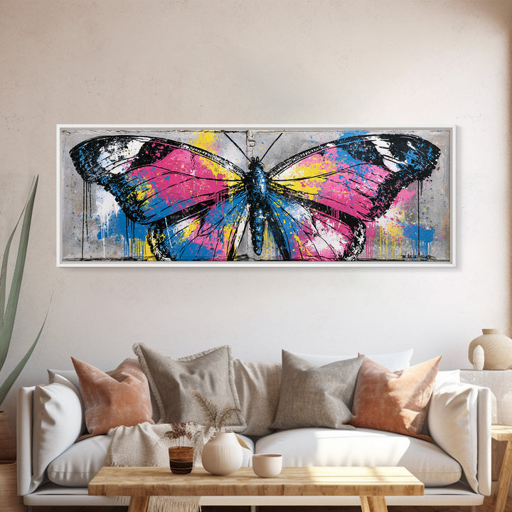 Spray Painted Butterfly on Cracked Concrete Framed Canvas Print, Street Art, Artwork, Living Room Decor, Fine Art, Urban, STR-3x1-87