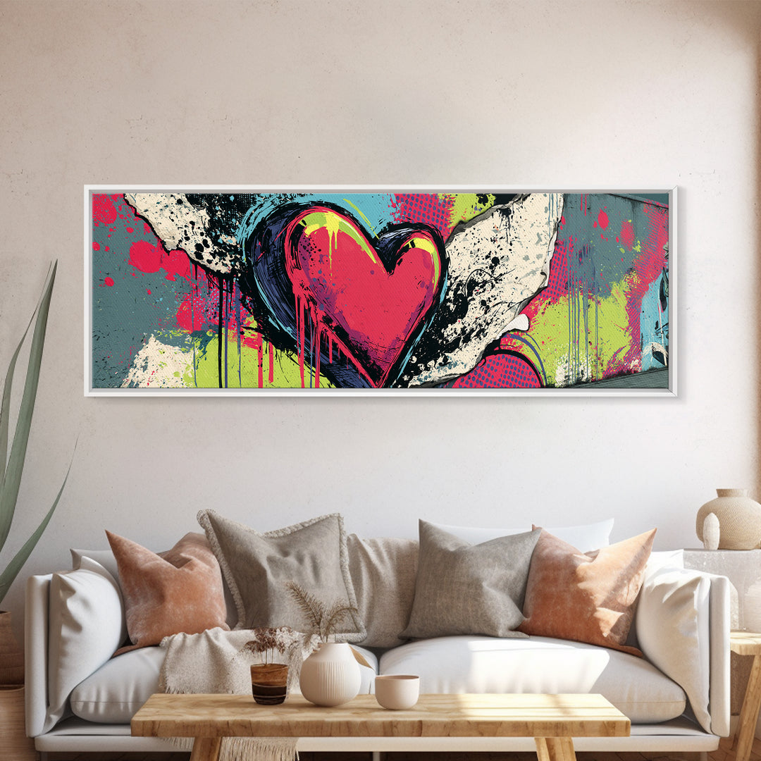 Neon Heart with Rough Drips Framed Canvas Print, Street Art, Canvas, Living Room Decor, Fine Art, Urban, Colorful Wall Art, STR-3x1-99
