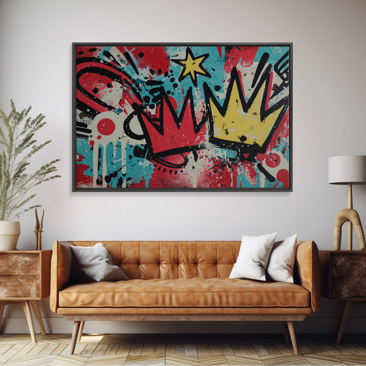 Drippy Crown and Stars Composition Framed Canvas Print, Street Art, Abstract, Living Room Decor, Fine Art, Urban, Luxury Decor, STR-3x2-24
