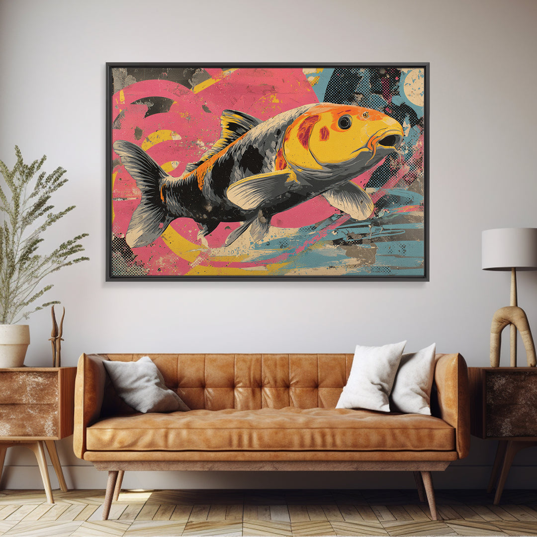 Graffiti Koi Swimming Through Color Swirls Framed Canvas Print, Street Art, Anime Art, Living Room Decor, Abstract Art, Urban, STR-3x2-25