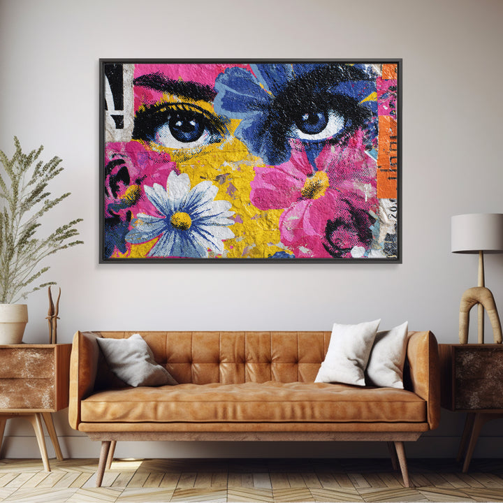 Paste Up Collage of Flowers and Eyes Canvas Print, Street Art, Abstract Painting, Living Room Decor, Watercolor Art, Urban, STR-3x2-38