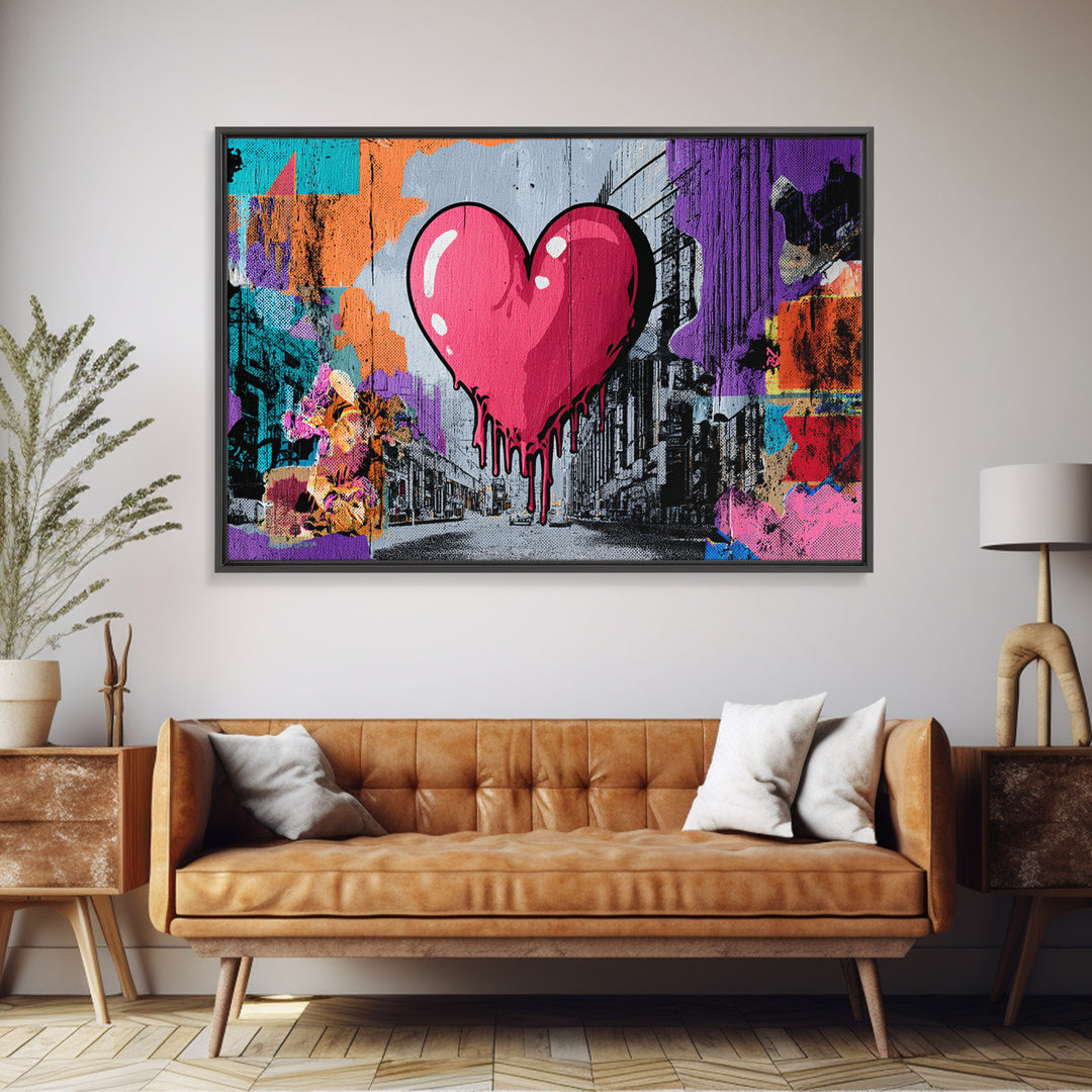 Neon Heart with Rough Drips Framed Canvas Print, Street Art, Minimalist Decor, Living Room Decor, Fine Art, Urban, Original Art, STR-3x2-39
