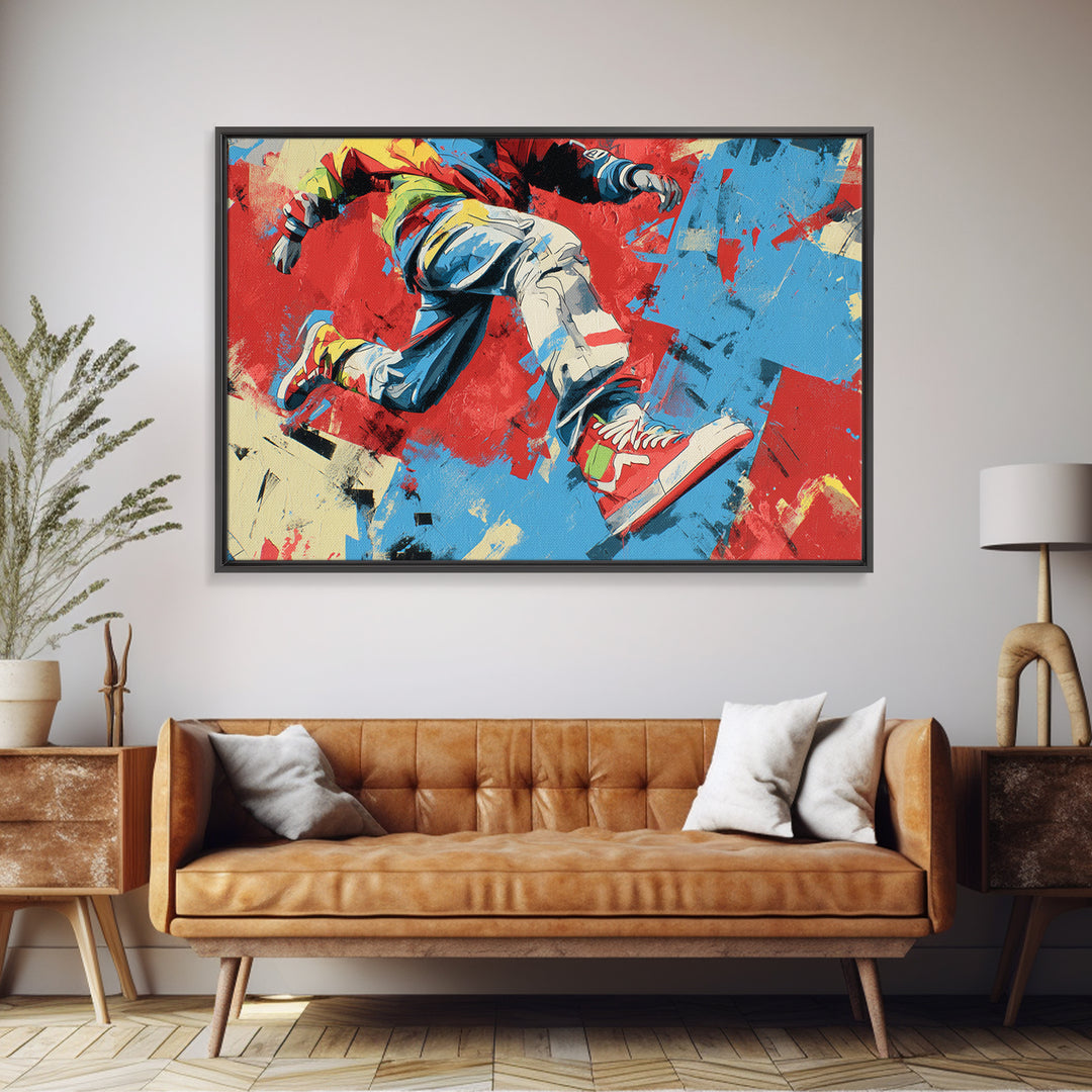 Breakdancer Frozen in Energetic Motion Framed Canvas Print, Street Art, Colorful Wall Art, Living Room Decor, Fine Art, Urban, STR-3x2-46