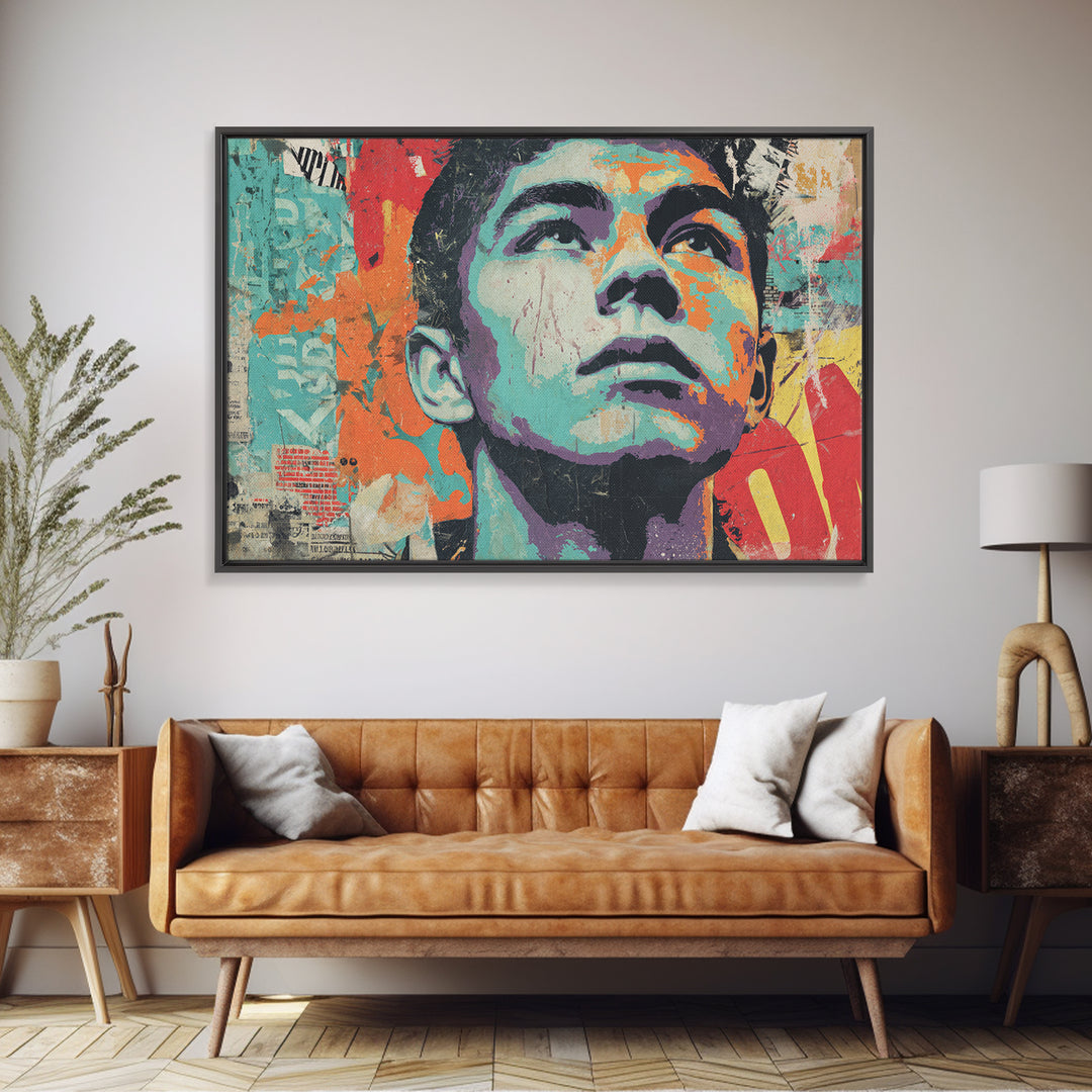 Bold Stencil Portrait Framed Canvas Print, Street Art, Original Artwork, Living Room Decor, Fine Art, Urban, Textured Painting, STR-3x2-5