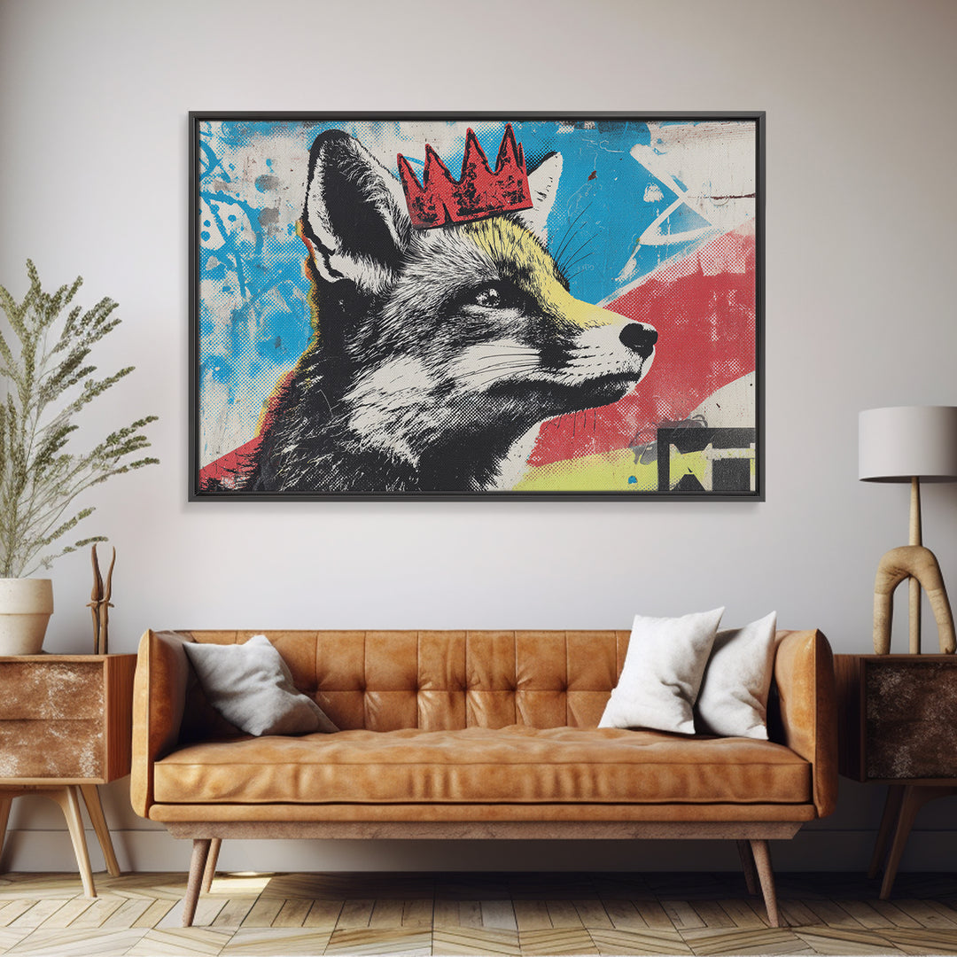 Urban Fox Wearing a Crown of Spray Framed Canvas Print, Street Art, Modern Wall Art, Living Room Decor, Fine Art, Urban, STR-3x2-6