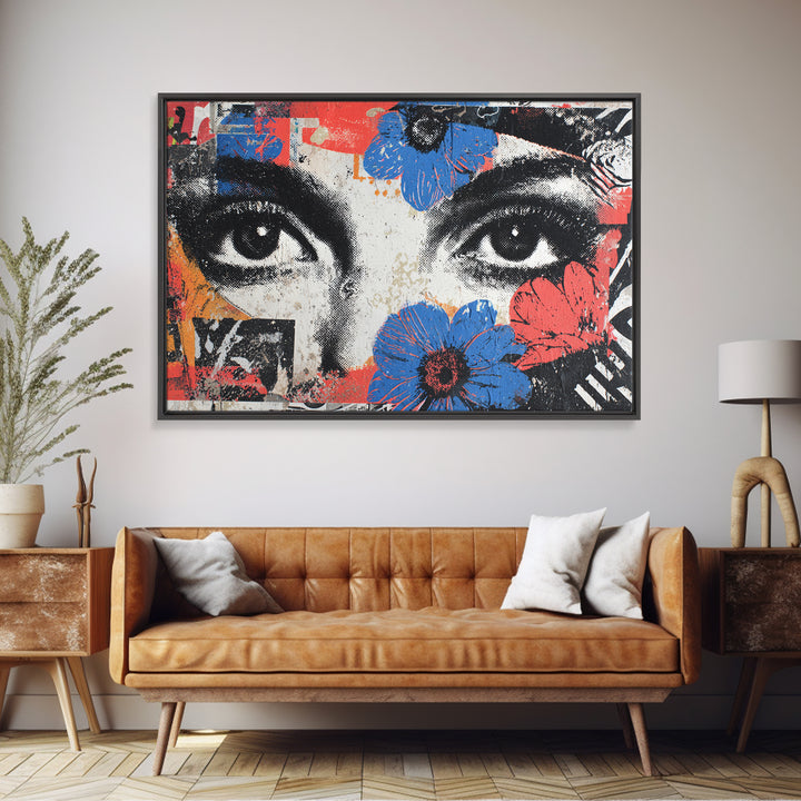 Paste Up Collage of Flowers and Eyes Canvas Print, Street Art, Abstract Painting, Living Room Decor, Watercolor Art, Urban, STR-3x2-62