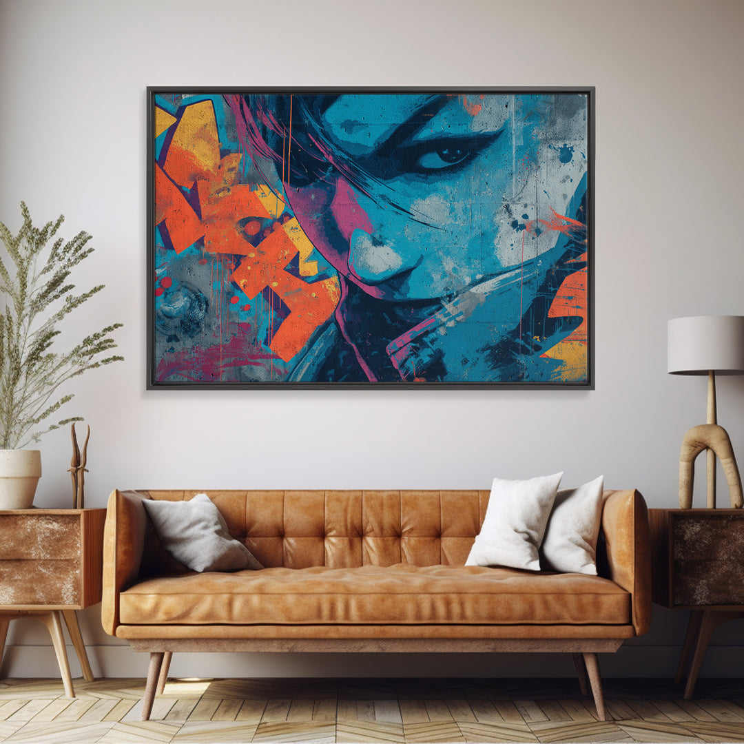 Masked Figure Surrounded by Aerosol Clouds Framed Canvas Print, Street Art, Textured Painting, Living Room Decor, Urban, STR-3x2-64