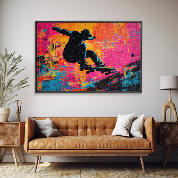 Skateboarder Silhouette over Neon Splashes Framed Canvas Print, Street Art, Original Art, Living Room Decor, Abstract Art, STR-3x2-7