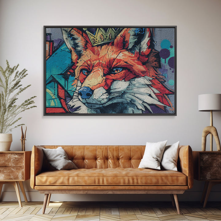 Urban Fox Wearing a Crown of Spray Framed Canvas Print, Street Art, Contemporary Art, Living Room Decor, Fine Art, Urban, STR-3x2-78