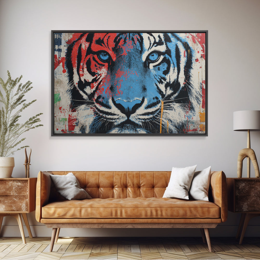 Spray Painted Tiger Face Canvas Print, Street Art, Poster, Living Room Decor, Urban, Poster Prints, Watercolor Painting, STR-3x2-84