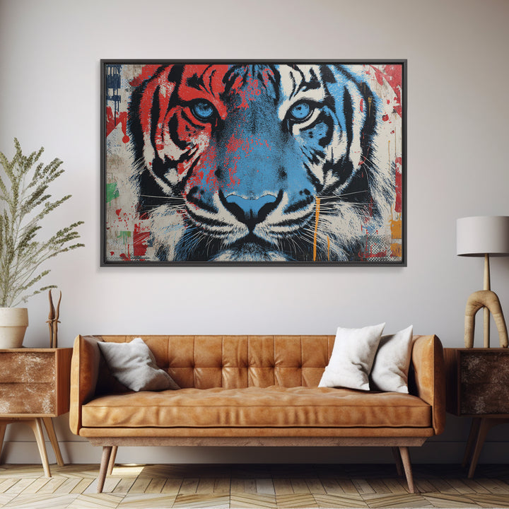 Spray Painted Tiger Face Canvas Print, Street Art, Poster, Living Room Decor, Urban, Poster Prints, Watercolor Painting, STR-3x2-84