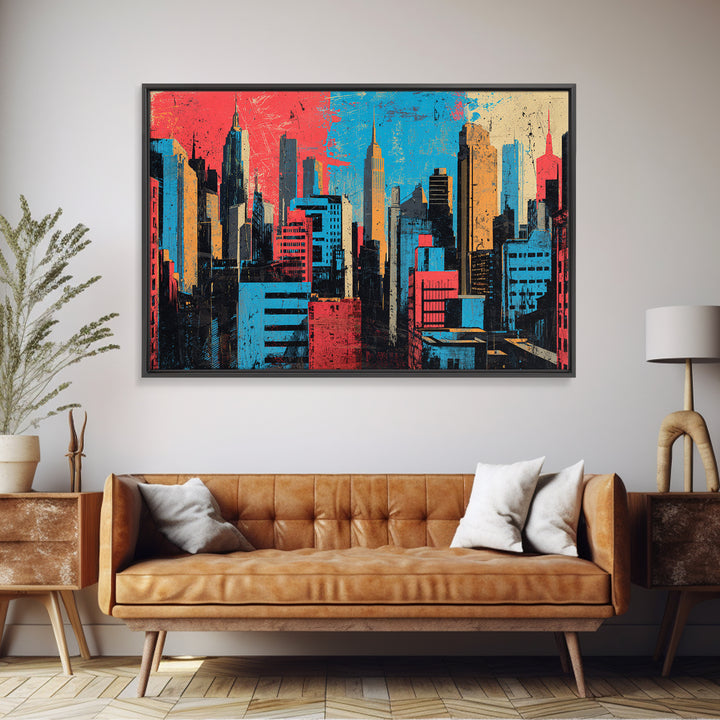 Urban Skyline Made from Stencil Layers Framed Canvas Print, Street Art, Abstract, Living Room Decor, Abstract Art, Urban, STR-3x2-90
