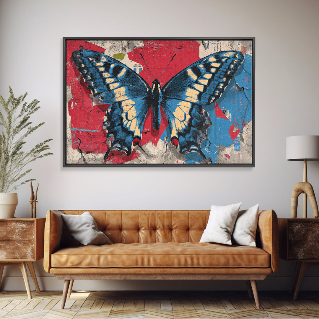 Spray Painted Butterfly on Cracked Concrete Framed Canvas Print, Street Art, Artwork, Living Room Decor, Fine Art, Urban, STR-3x2-99